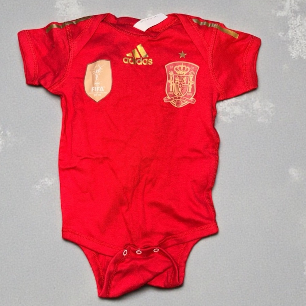 Adidas Spain Soccer Jersey Red Bodysuit with Gold Accents